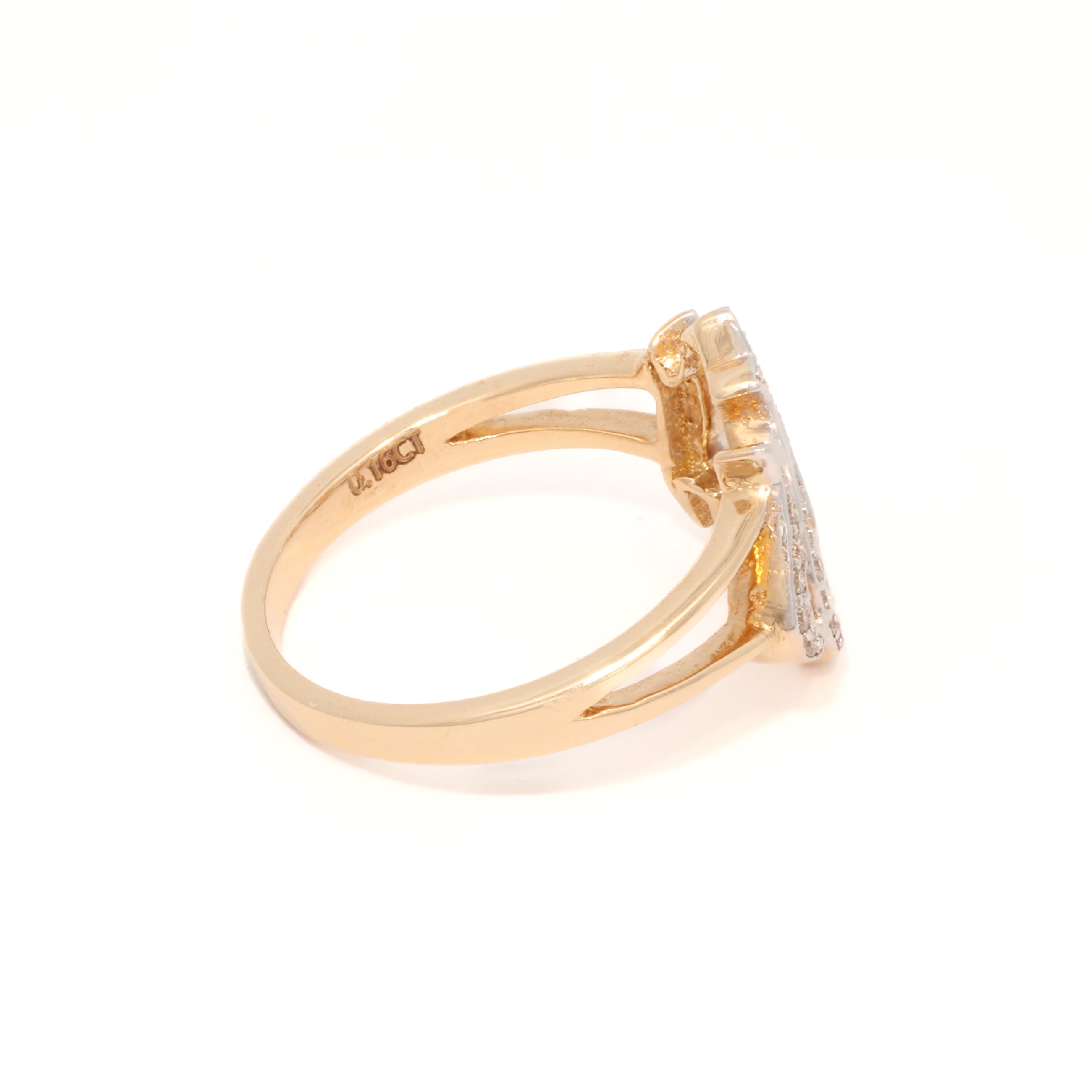Gold ring with embedded diamonds on a white background