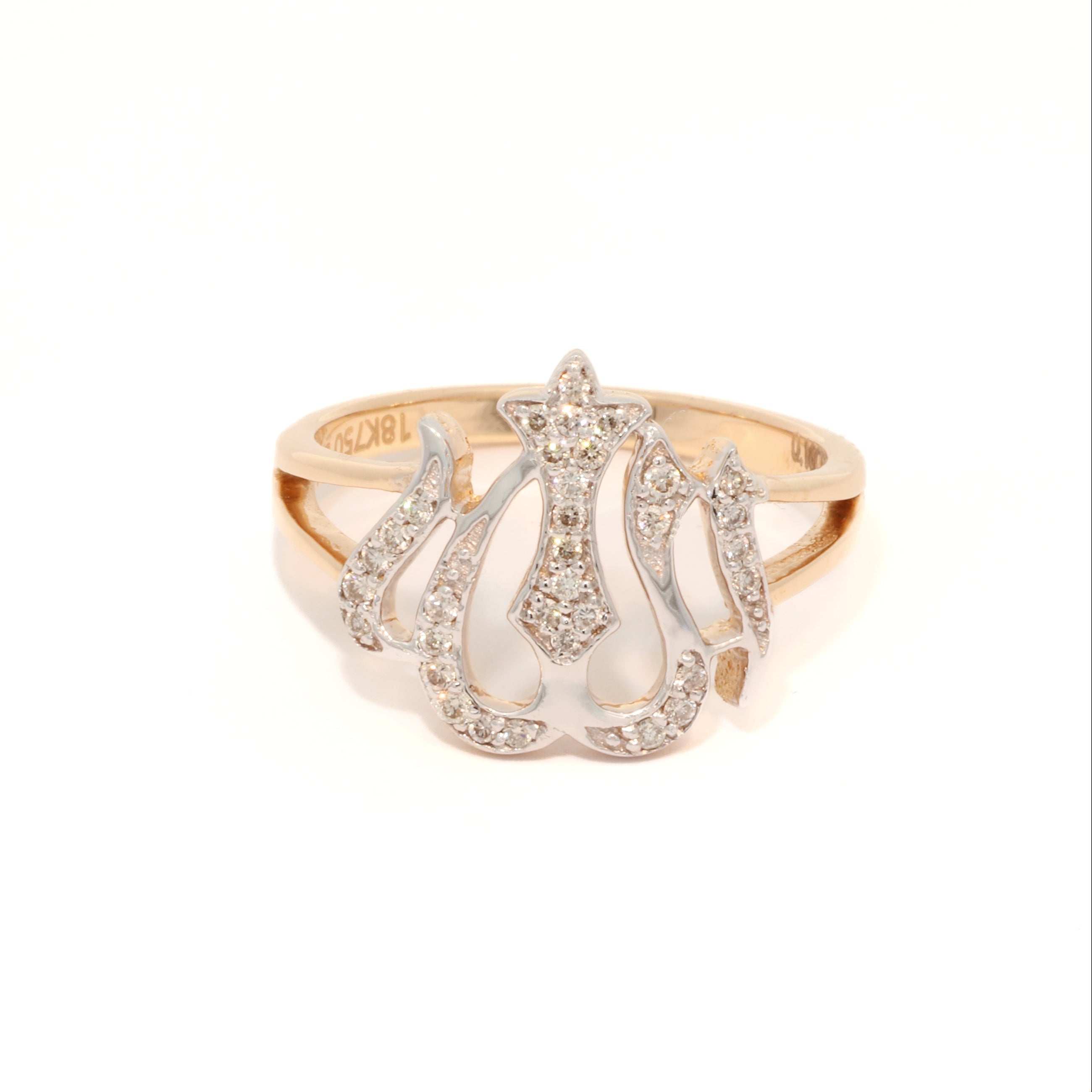Yellow gold ring with diamond accents on a white background