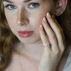 Woman wearing a ring on her finger, close-up of face and hand.